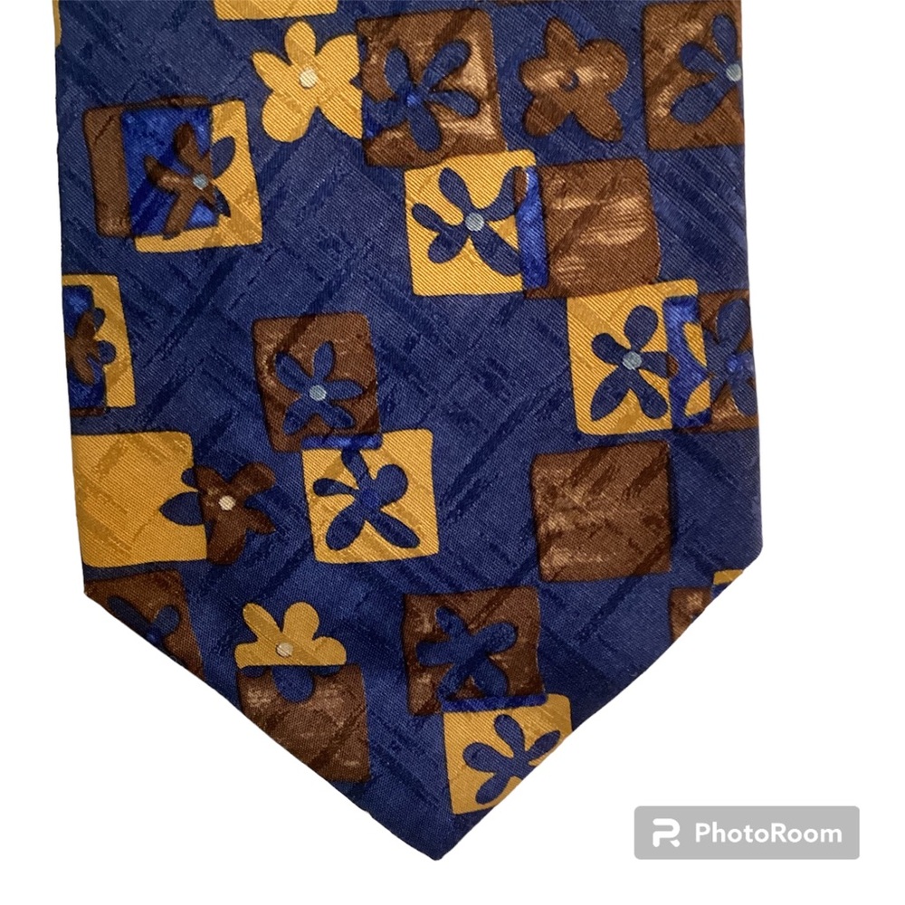 Hugo Boss 100% Silk Necktie Whimsical Floral Geometric Pattern, Navy+ Gold/Brown